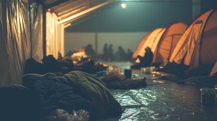 People gather in a hurricane shelter during a storm with blankets and emergency supplies, reflecting a calm yet anxious atmosphere