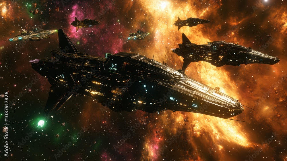 Aufkleber a fleet of advanced spaceships navigates the vibrant remnants of a supernova amidst swirling cosmic 
