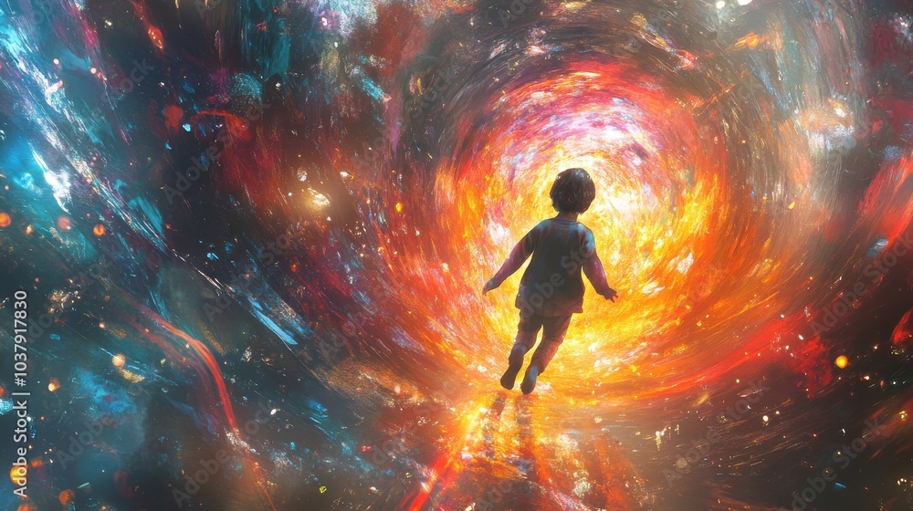 Poster A child exploring vibrant portals in a colorful double exposure artwork, embodying imagination and adventure in an enchanting world