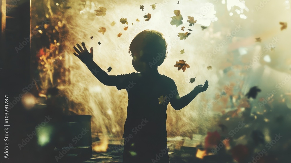 Poster A child with the power to manipulate gravity surrounded by floating leaves and whimsical shapes in a magical moment of wonder