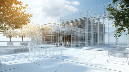 Obraz premium 3D render of building wireframe structure. London garden in summer with patio. Abstract construction graphic idea.