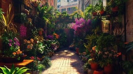 Obraz premium A hidden urban garden bursting with vibrant colors and unique plants in a city block oasis