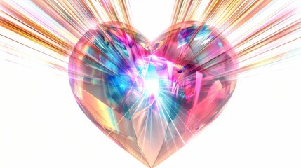 a heart-shaped crystal pulsating with vibrant energy, with beams of light radiating outward like rays of affection