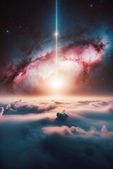 Cosmic light pierces through the galaxy, illuminating the clouds below.