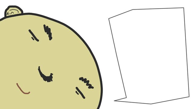 A large human head is sticking out of the corner of the canvas, and there is a dialogue box next to it. The character is saying or telling something to the viewer.