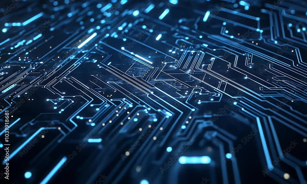 Poster blue technology background with circuit board lines and glowing dots on dark blue background vector 