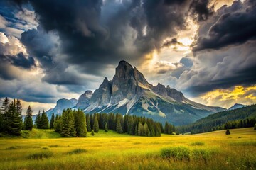 Scenic view of meadow and jagged peak against overcast sky