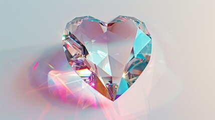 a heart-shaped crystal radiating with ethereal light, with prismatic reflections illuminating its surroundings