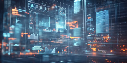Obraz premium Holographic Data Display: A transparent holographic interface with multiple layers of information, charts, and graphs floating in mid-air.