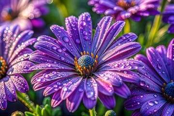Obraz premium Purple flowers with dew drops close-up of delicate petals