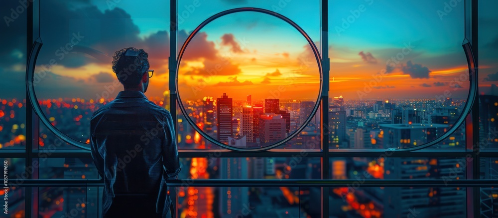 Poster Man looking out a window at a city skyline during sunset.