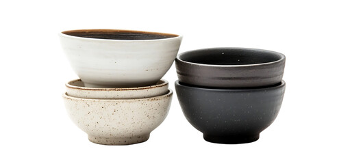 collection ceramic bowls two black and two white isolated transparent background