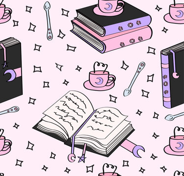 Book of spells witchcraft seamless pattern.