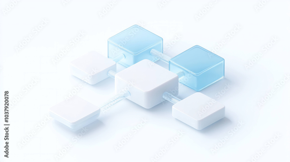Aufkleber Modern isometric icon depicting chain of blocks in minimalist design, showcasing interconnected shapes in blue and white colors. This represents connectivity and structure