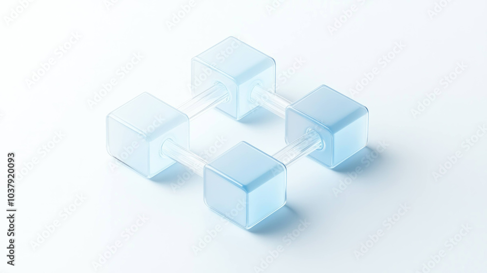 Poster modern isometric icon depicting chain of transparent blocks connected by clear rods, showcasing minimalist design. This evokes sense of simplicity and innovation