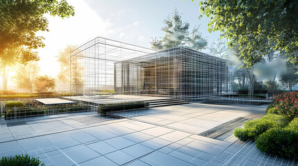 Fototapeta premium 3D render of building wireframe structure. London garden in summer with patio. Abstract construction graphic idea.