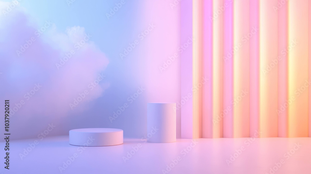 Poster serene and ethereal scene featuring soft clouds and pastel colored light blending harmoniously with minimalistic geometric shapes. ambiance evokes sense of calm and tranquility