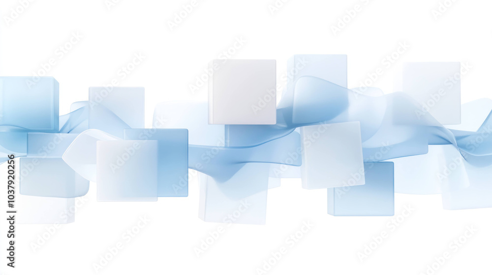 Poster modern isometric design featuring translucent blocks and flowing waves in shades of blue and white c
