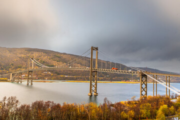 View of the bridge crossing from Tromso to Lofoten, a fishing village on the way in Norway.