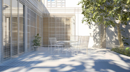 3D render of building wireframe structure. London garden in summer with patio. Abstract construction graphic idea.