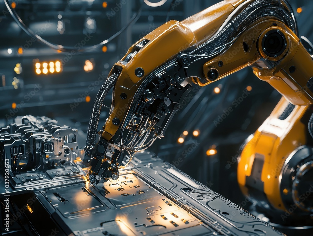 Aufkleber robotic arm assembling components on factory line
