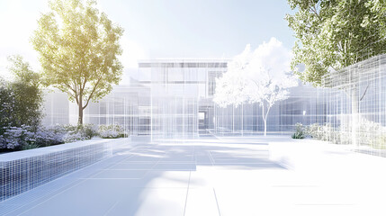 3D render of building wireframe structure. London garden in summer with patio. Abstract construction graphic idea.