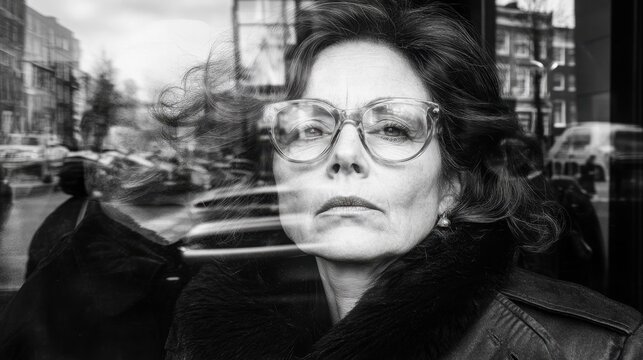 Fototapeta Woman in Glasses Looking Through Window Cityscape Reflection Black and White Photography