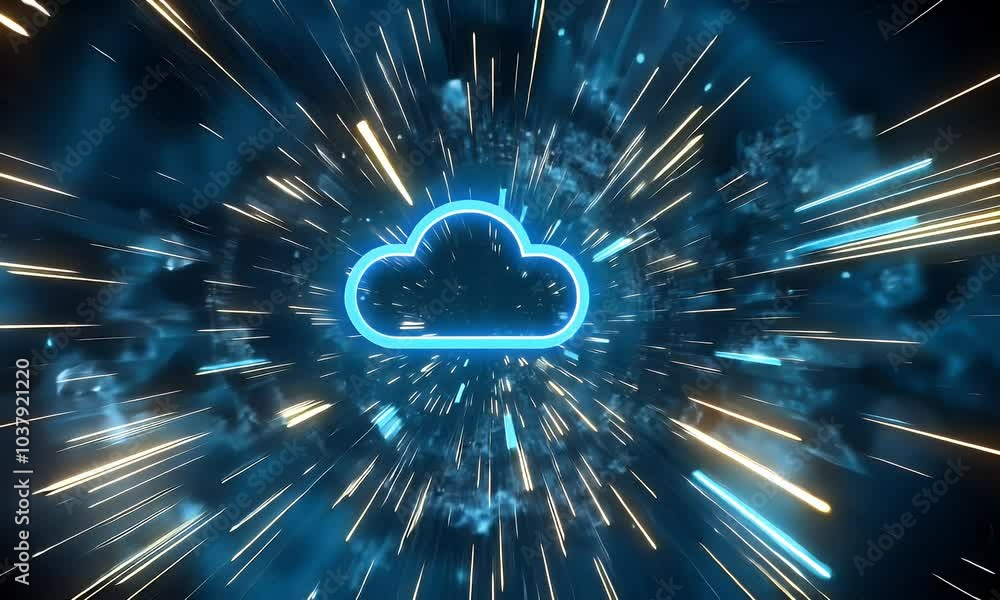 Poster a futuristic background with glowing blue and neon lights, featuring an abstract cloud symbol in the