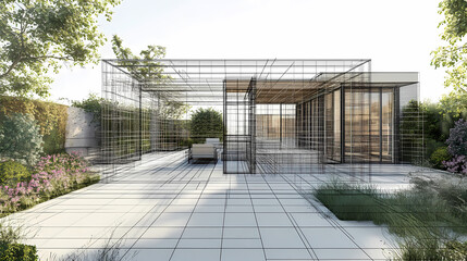 Obraz premium 3D render of building wireframe structure. London garden in summer with patio. Abstract construction graphic idea.