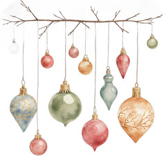 Hanging pastel-colored Christmas ornaments from tree branch with stars