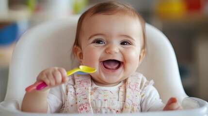 Fototapeta premium Joyful Baby Girl with Big Brown Eyes Smiling Happily