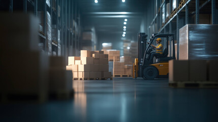 bustling warehouse scene featuring forklift operator navigating through stacks of boxes. atmosphere is dynamic and industrious, showcasing efficiency of warehouse operations