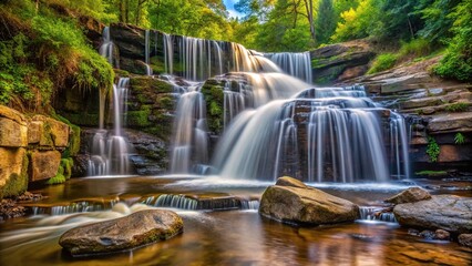 Obraz premium small waterfall pouring over rocky cascades next to forest Close-Up