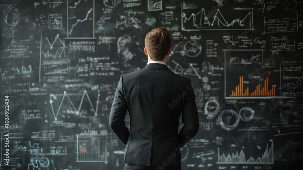 Poster businessman analyzing complex graphs on blackboard in data-driven strategy session