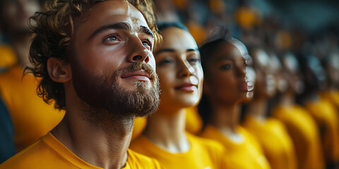 players standing next to each other very close anthem from back side wearing blank yellow tshirts