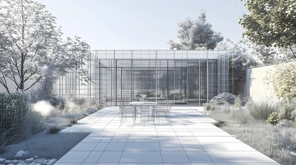 3D render of building wireframe structure. London garden in summer with patio. Abstract construction graphic idea.