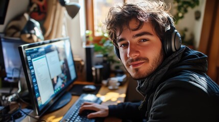 Engaged Male Student in Online Learning Session with Headphones - Virtual Education Concept with Film Grain Aesthetic