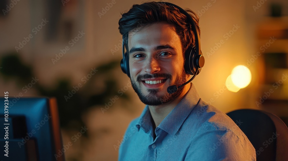 Wall mural confident call center agent portrait in evening light