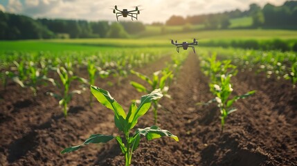 Obraz premium Growing young maize seedling in cultivated agricultural farm field with modern technology concepts. 