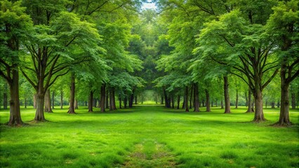 Obraz premium Symmetrical clearing in the woods with green grass and lone tree in the background