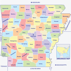 Fototapeta premium Detailed vector Illustration of Arkansas map State and District map with neighbour geographical map of Arkansas map.