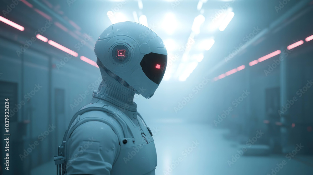Poster futuristic AI robot stands in dimly lit corridor, showcasing advanced technology and sleek design. atmosphere is mysterious and captivating, highlighting robots features