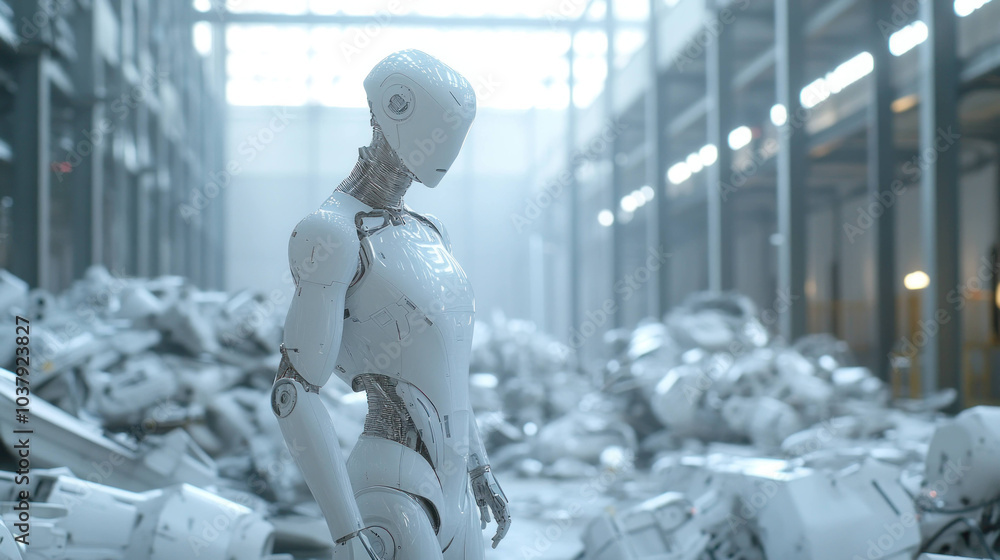 Poster futuristic ai robot stands amidst towering piles of discarded machinery, showcasing blend of technol