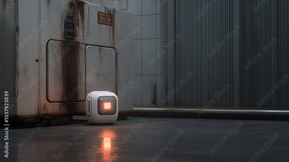 Poster futuristic AI robot stands alone in dimly lit industrial space, showcasing its sleek design and glowing features. atmosphere is both intriguing and mysterious, inviting curiosity