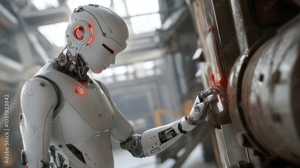 Poster futuristic AI robot interacts with control panel in industrial setting, showcasing advanced technology and design. scene evokes sense of curiosity and innovation