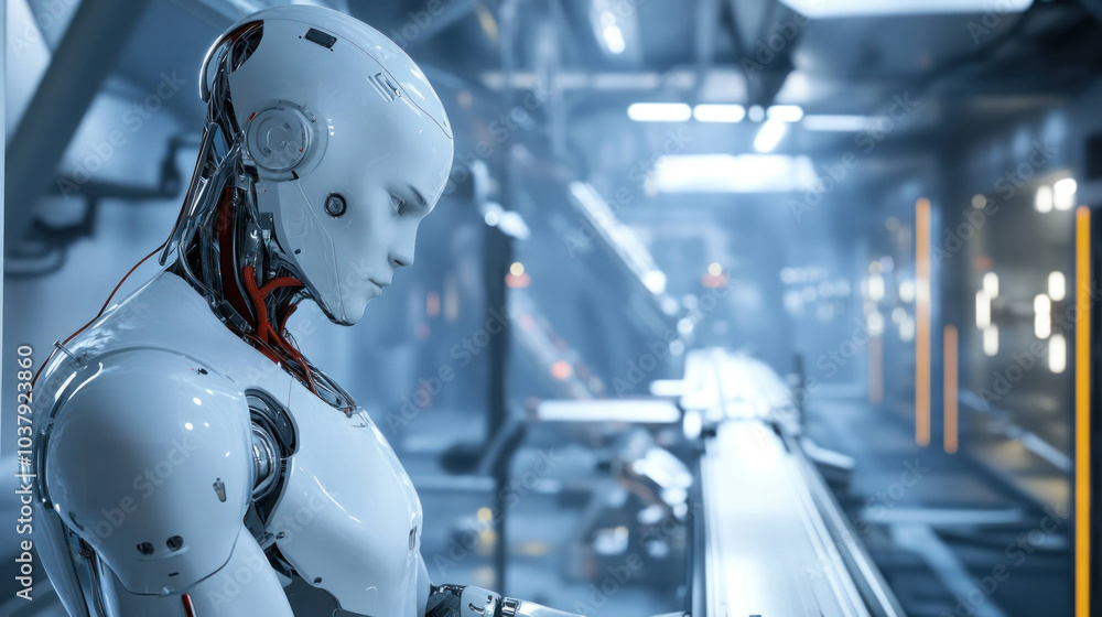 Poster futuristic AI robot stands in high tech environment, showcasing advanced technology and intricate design. scene conveys sense of innovation and precision