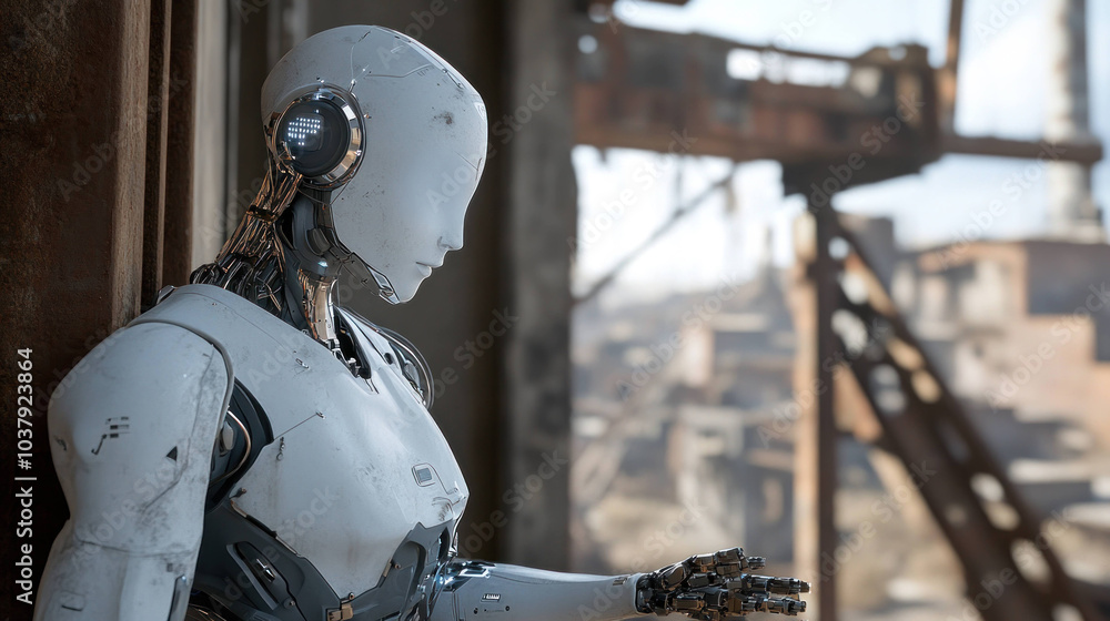 Poster futuristic ai robot stands in desolate industrial environment, showcasing advanced technology and de