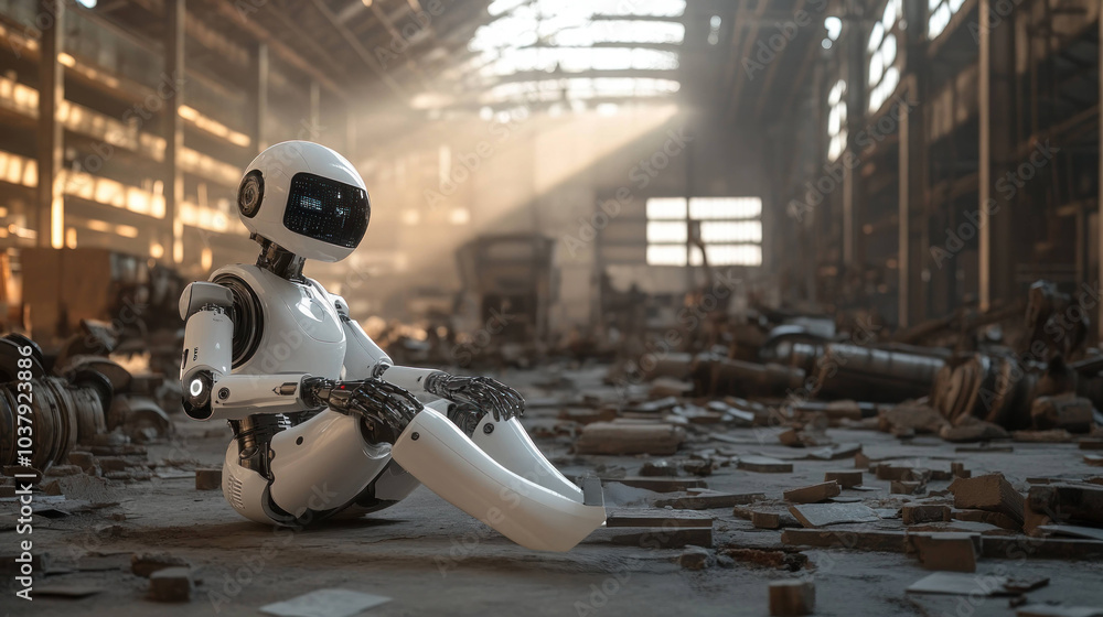 Poster maintenance ai robot surveys remnants of abandoned industrial space, showcasing advanced technology 