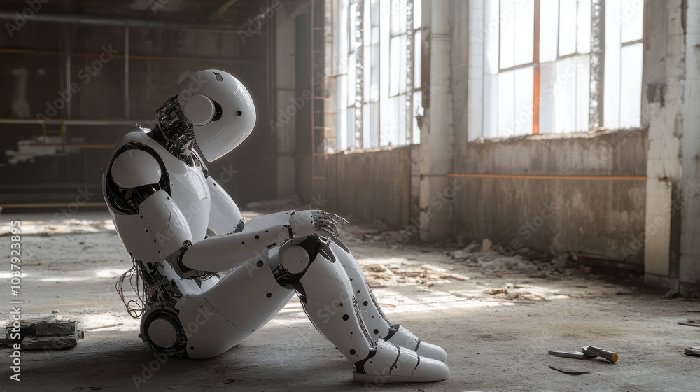 Poster humanoid robot sits in deserted industrial space, reflecting sense of solitude and contemplation. li