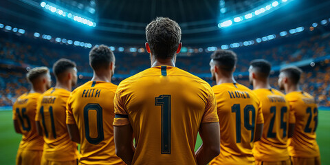players standing next to each other very close anthem from back side wearing blank yellow tshirts